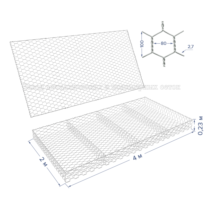 Матрац габионный ГСИ-М-4х2х0,23-С80-2,7-Ц (база+крышка)